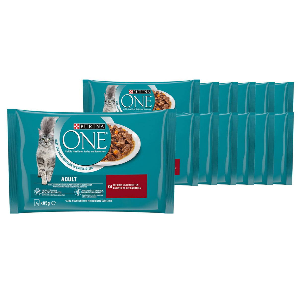 PURINA ONE Adult Katzenfutter nass, zarte Stückchen in Sauce mit Rind, 4erPack à 85g