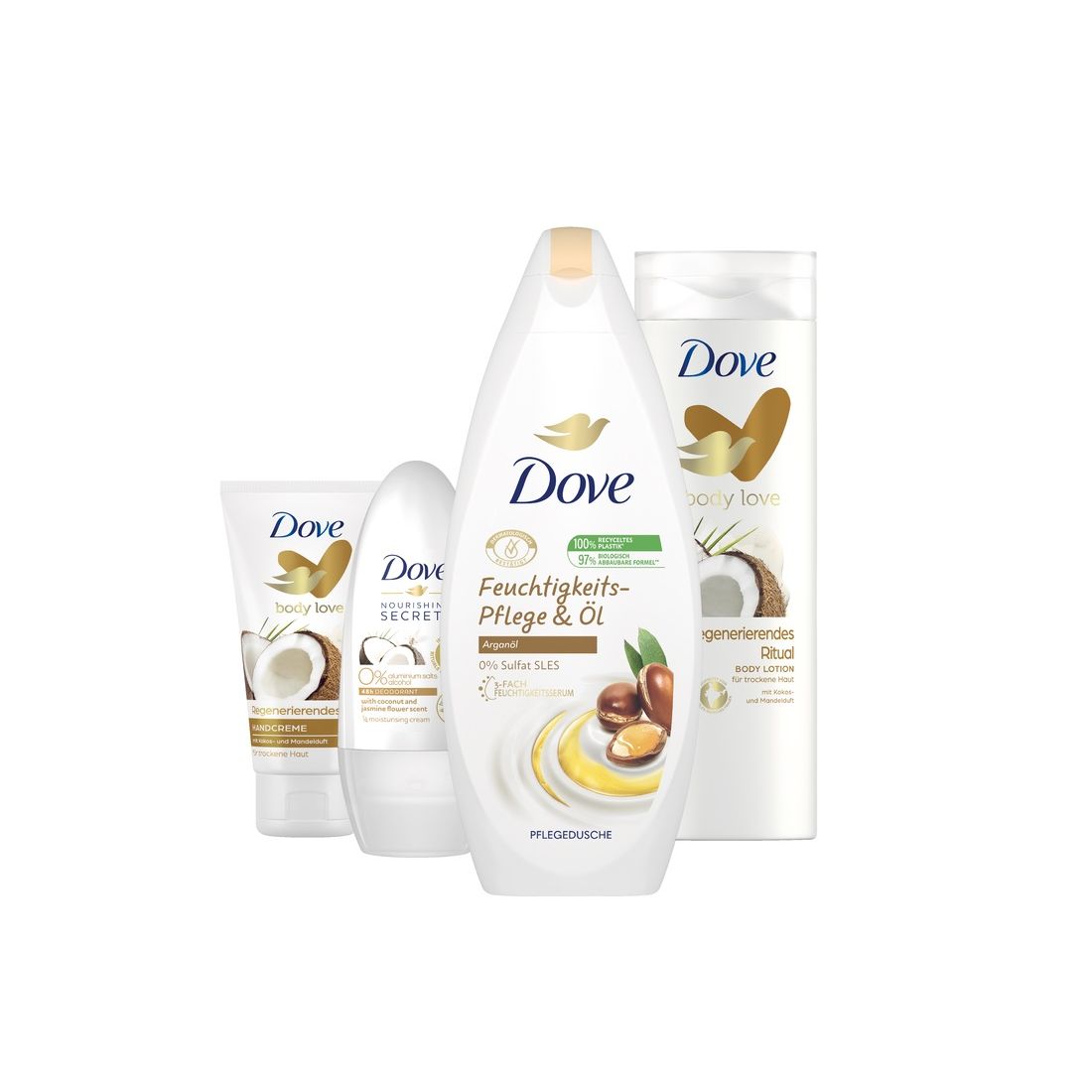 DOVE „Regenerierende Pflege“, Geschenkset für Frauen mit Kosmetiktasche, Feuchtigkeits-Pflege & Öl Dusche, Deodorant Roll-On, Body Lotion und Handcreme