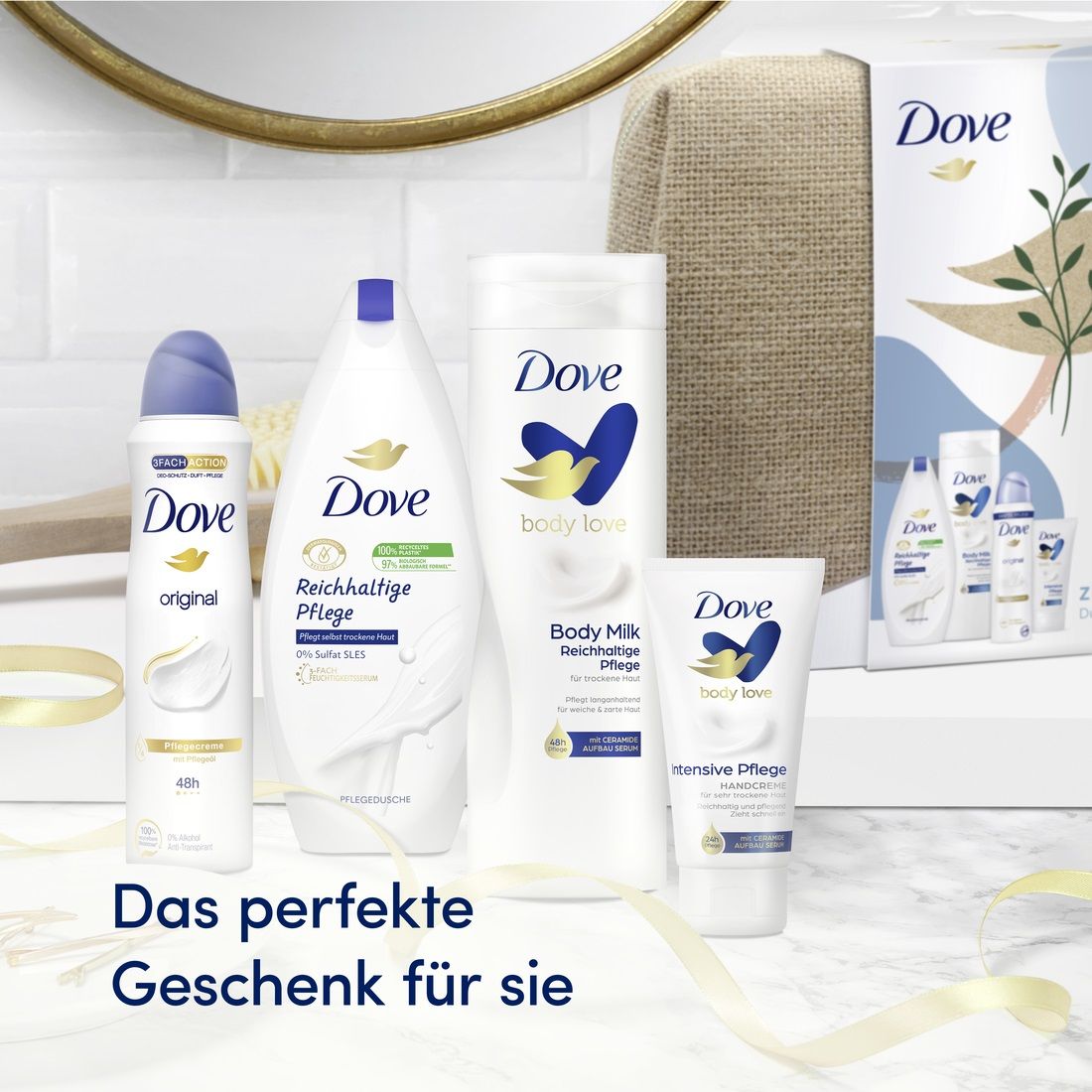 DOVE "Reichhaltige Pflege", Geschenkset für Frauen mit Pflegedusche, Body Milk, Handcreme, Deodorant und hochwertige Kosmetiktasche