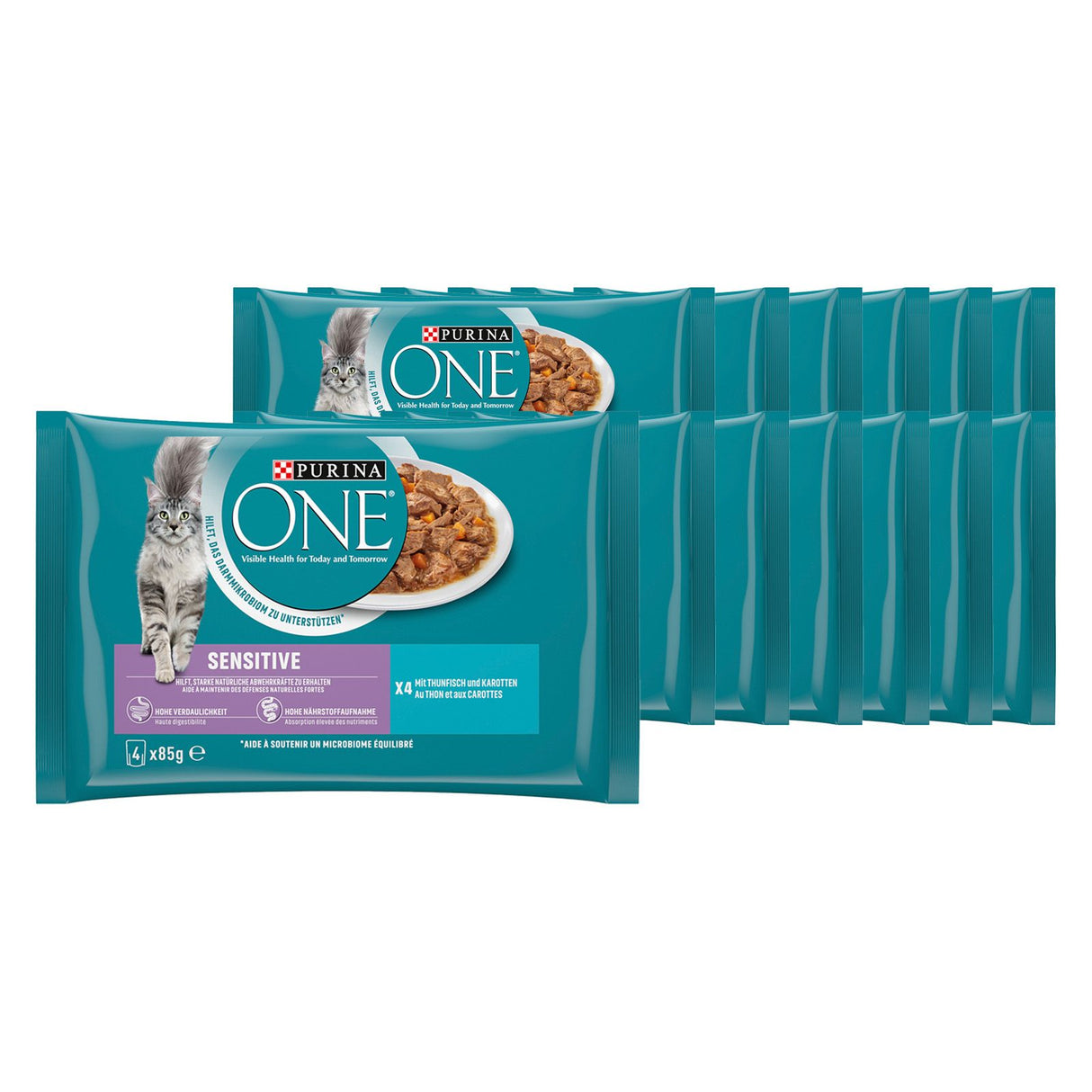PURINA ONE SENSITIVE Nourriture pour chats humide au thon, 4 paquets de 85g