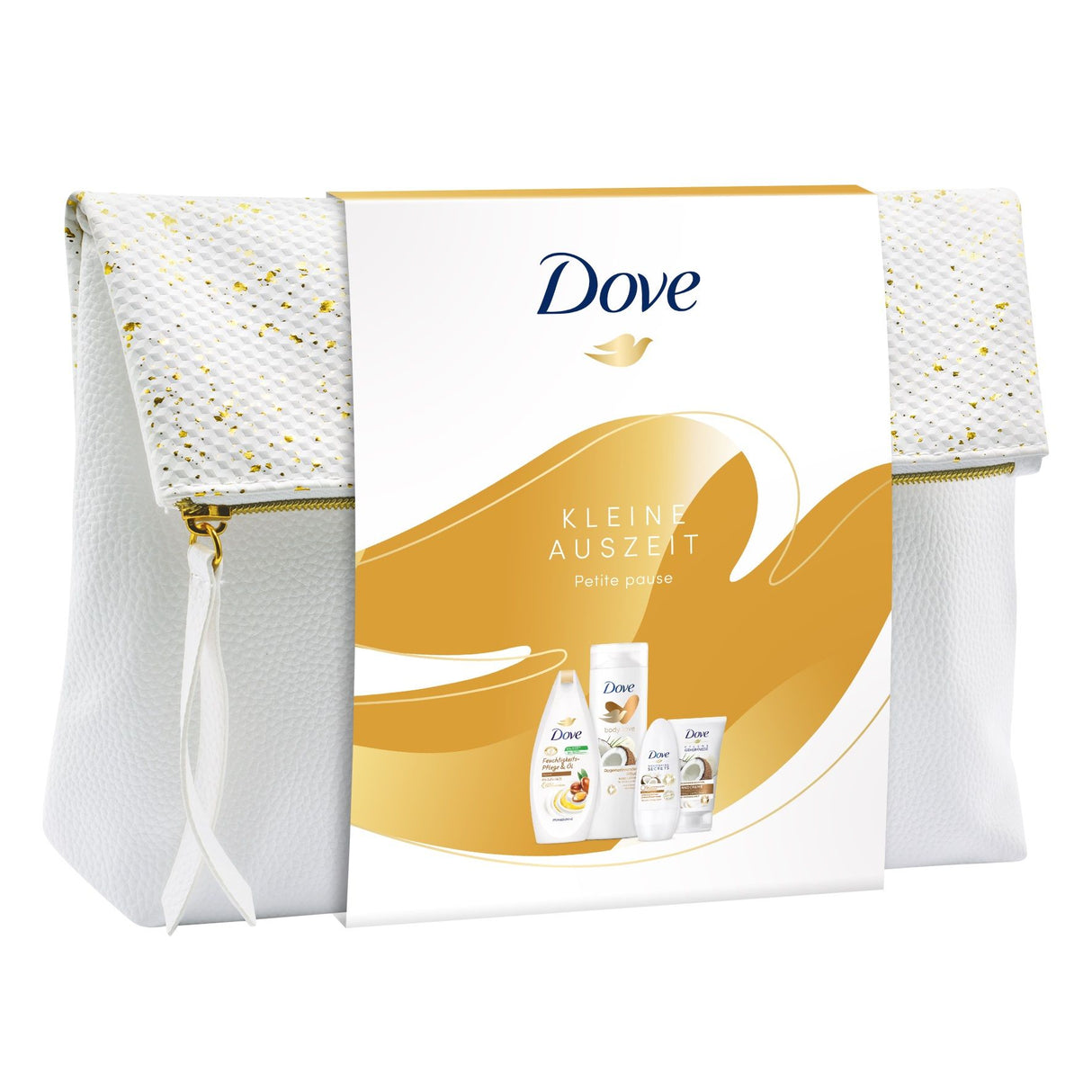 DOVE „Regenerierende Pflege“, Geschenkset für Frauen mit Kosmetiktasche, Feuchtigkeits-Pflege & Öl Dusche, Deodorant Roll-On, Body Lotion und Handcreme