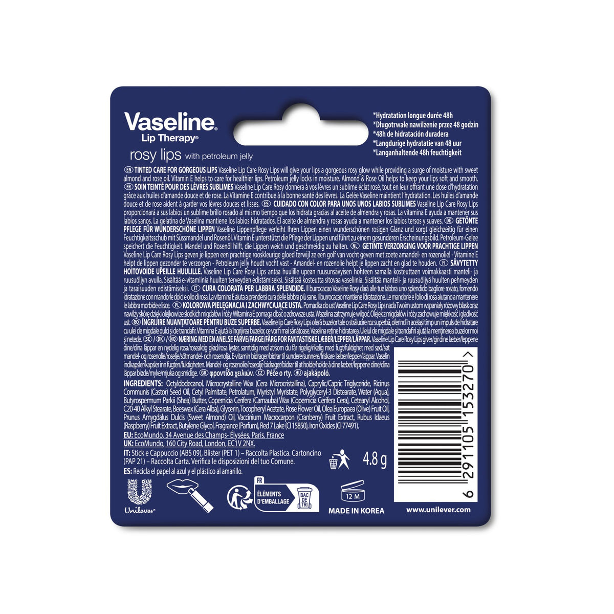 Vaseline Lip Therapy Rosy, Getönter Lippenbalsam, Lippenstift mit Mandel und Rosenöl