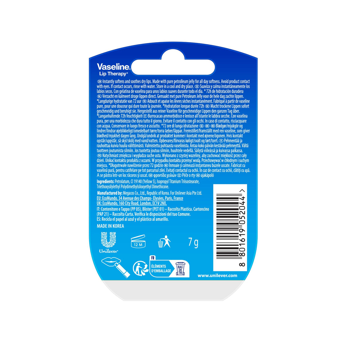 Vaseline Lip Therapy 7G Das Original | Pflegender Lippenbalsam für optimale Feuchtigkeit