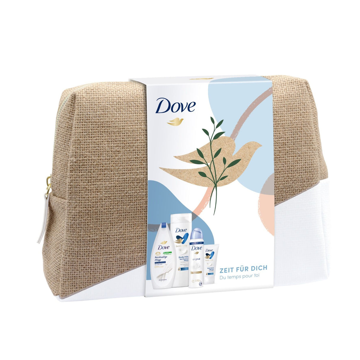 DOVE "Reichhaltige Pflege", Geschenkset für Frauen mit Pflegedusche, Body Milk, Handcreme, Deodorant und hochwertige Kosmetiktasche