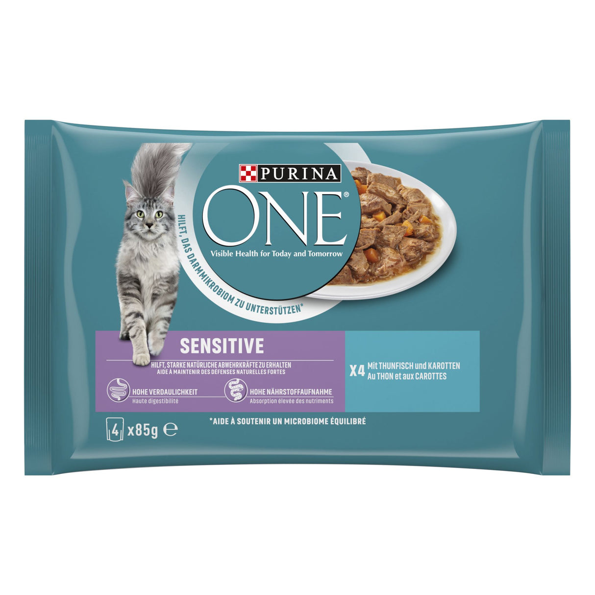 PURINA ONE SENSITIVE Nourriture pour chats humide au thon, 4 paquets de 85g