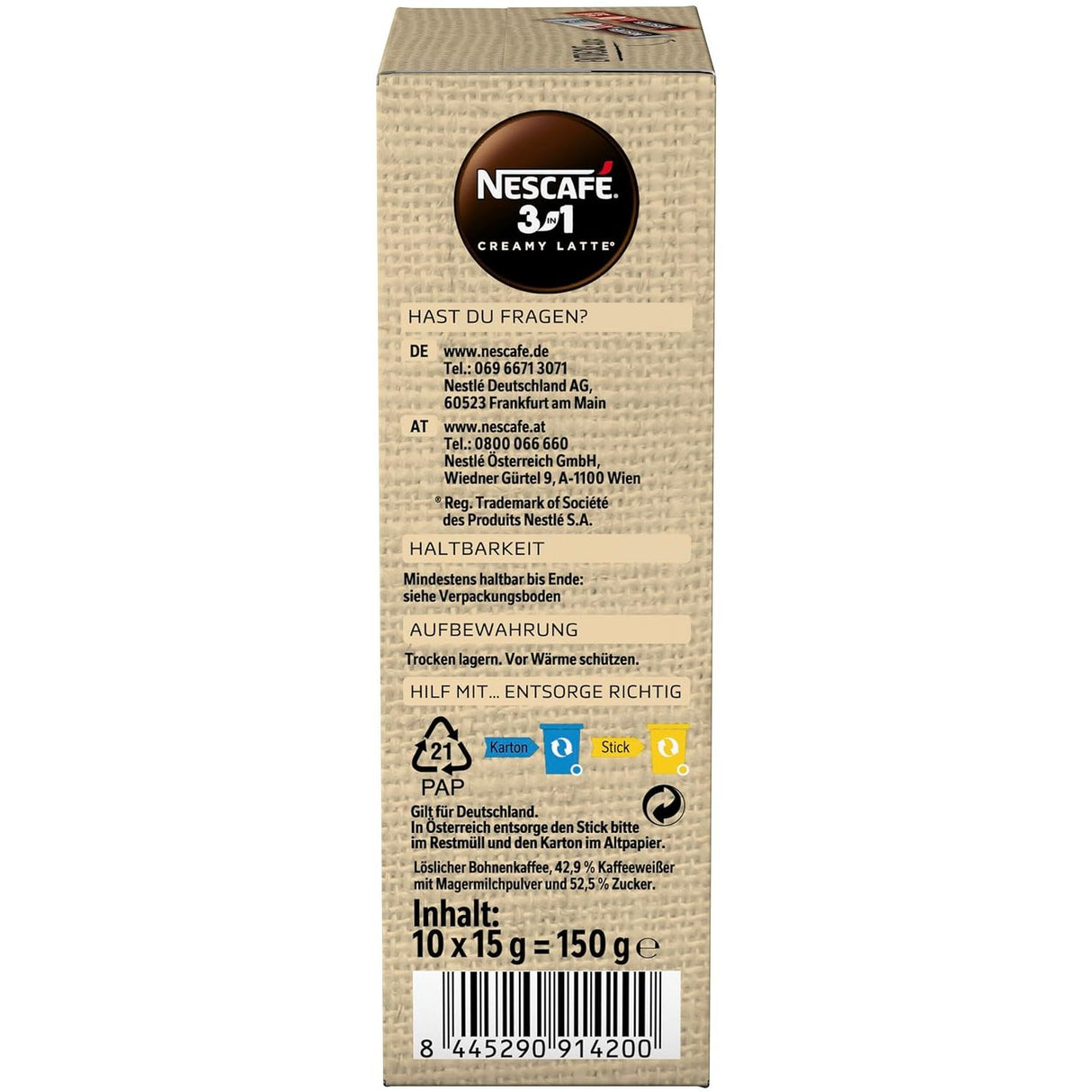 NESCAFÉ 3in1 Creamy Latte Getränkepulver-Sticks, löslicher Bohnenkaffee