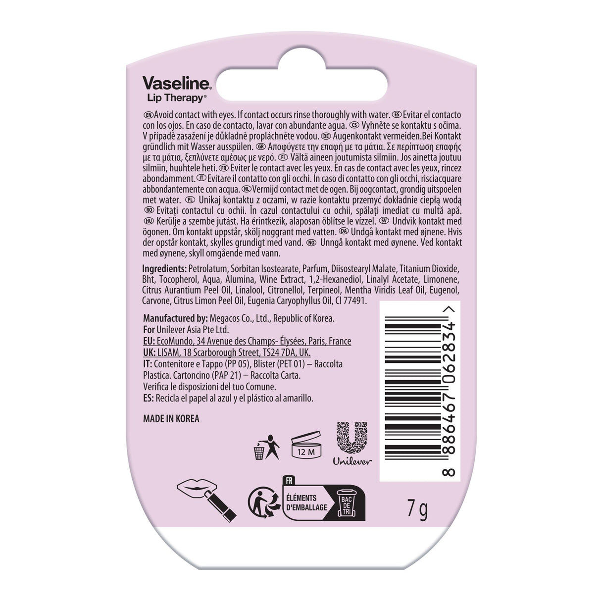 Vaseline Lip Therapy 7G Pink Bubbly | Pflegender Lippenbalsam für optimale Feuchtigkeit mit pinkfarbenen Blubberton |