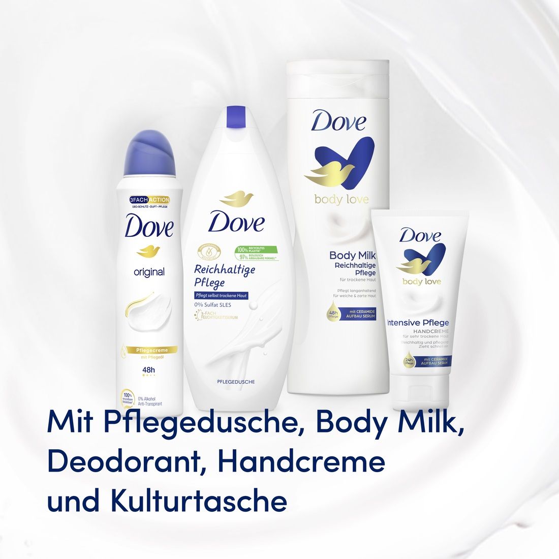 DOVE "Reichhaltige Pflege", Geschenkset für Frauen mit Pflegedusche, Body Milk, Handcreme, Deodorant und hochwertige Kosmetiktasche