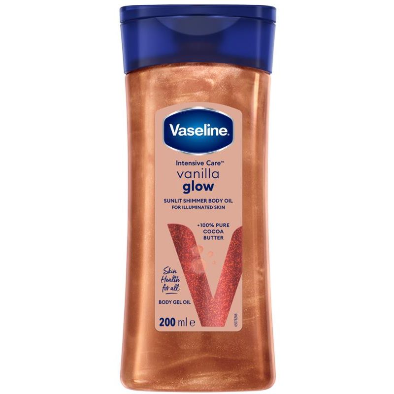 Vaseline Intensive Care Vanilla Glow Sunlit Shimmer, huile corporelle relaxante à base de beurre de cacao pur, de vanille et de paillettes,