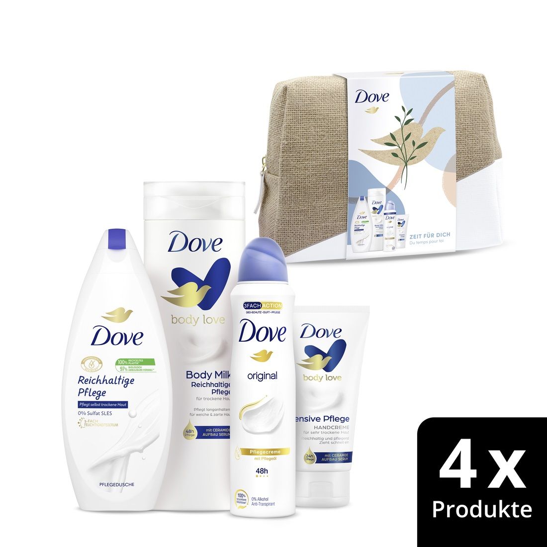 DOVE "Reichhaltige Pflege", Geschenkset für Frauen mit Pflegedusche, Body Milk, Handcreme, Deodorant und hochwertige Kosmetiktasche