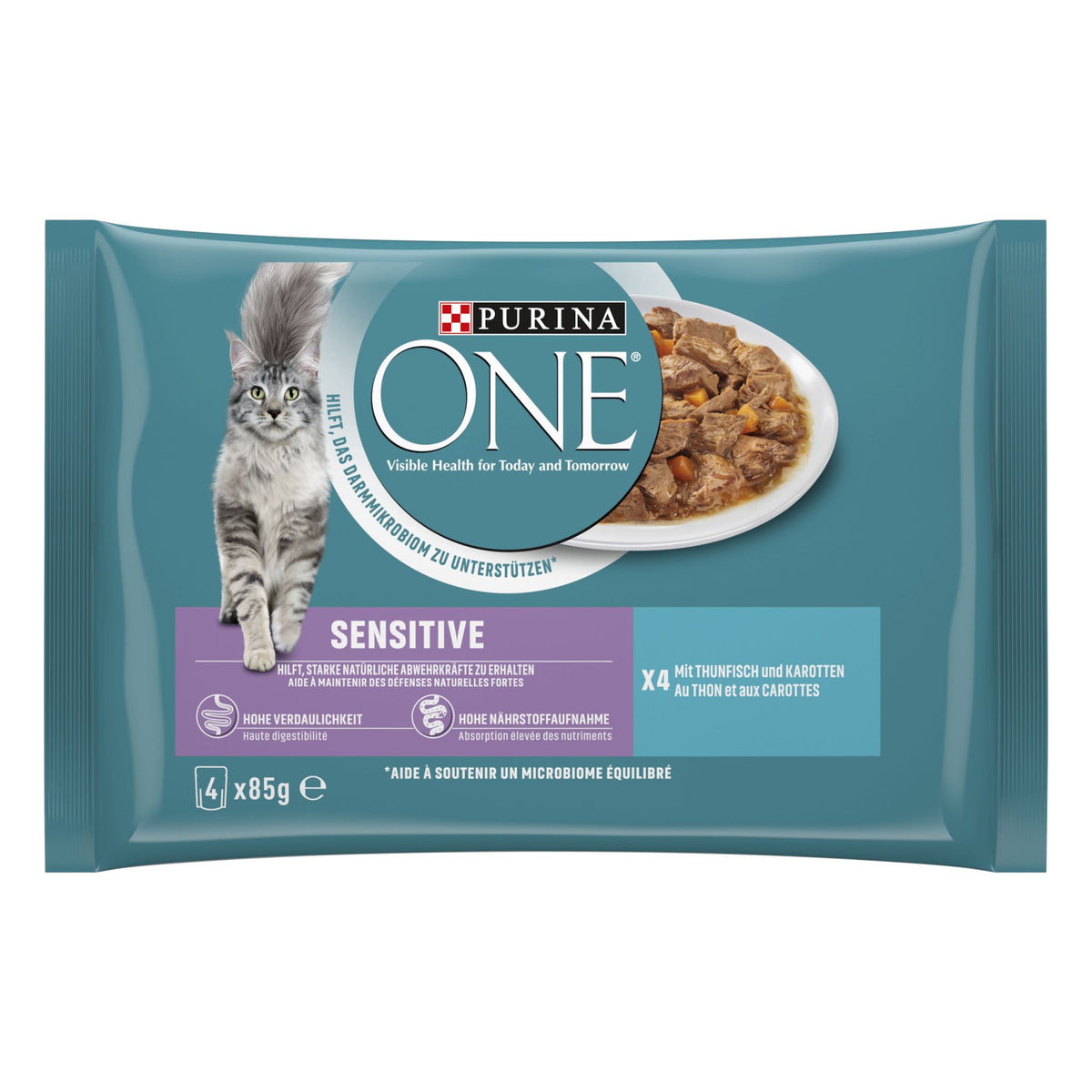 PURINA ONE SENSITIVE Nourriture pour chats humide au thon, 4 paquets de 85g