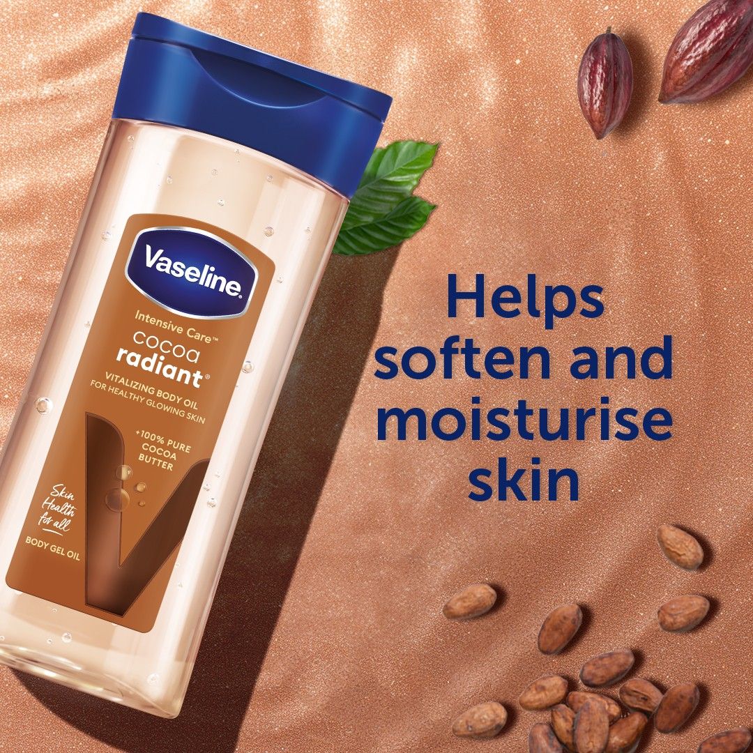 Vaseline Intensive Care Cocoa Radiant pour une peau éclatante, huile corporelle au beurre de cacao pur + huiles régénérantes,