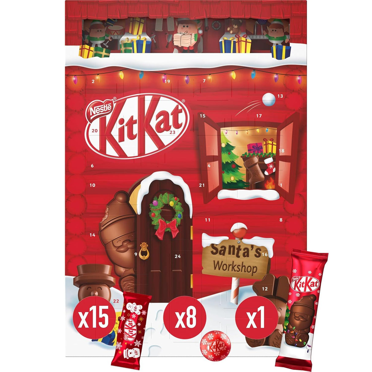 KITKAT Adventskalender mit 24 Schokoladenfiguren und Kugeln mit Knusperstückchen