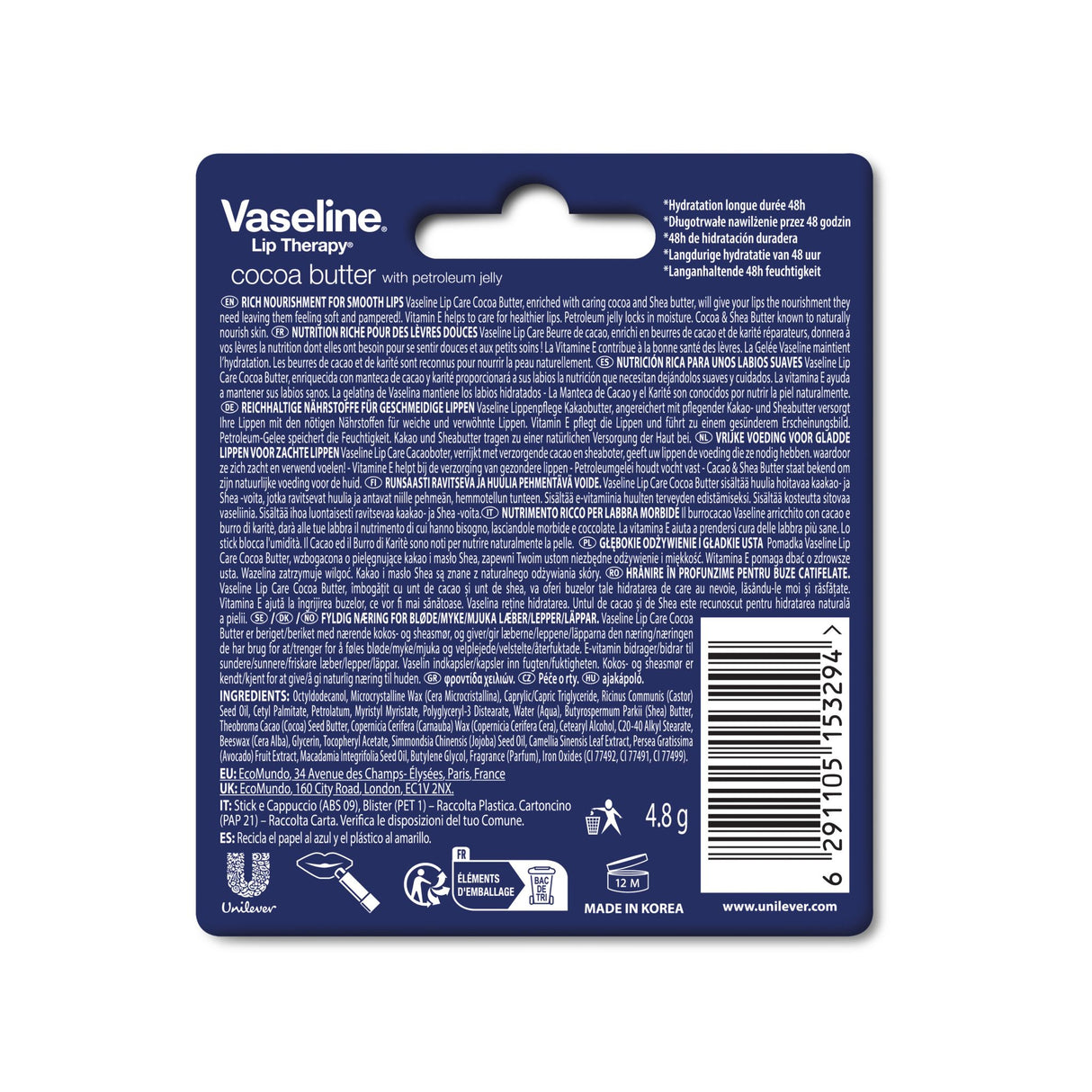 Vaseline Lip Therapy Cocoa Butter | Getönter Lippenbalsam, Lippenstift mit Kakao und Sheabutter