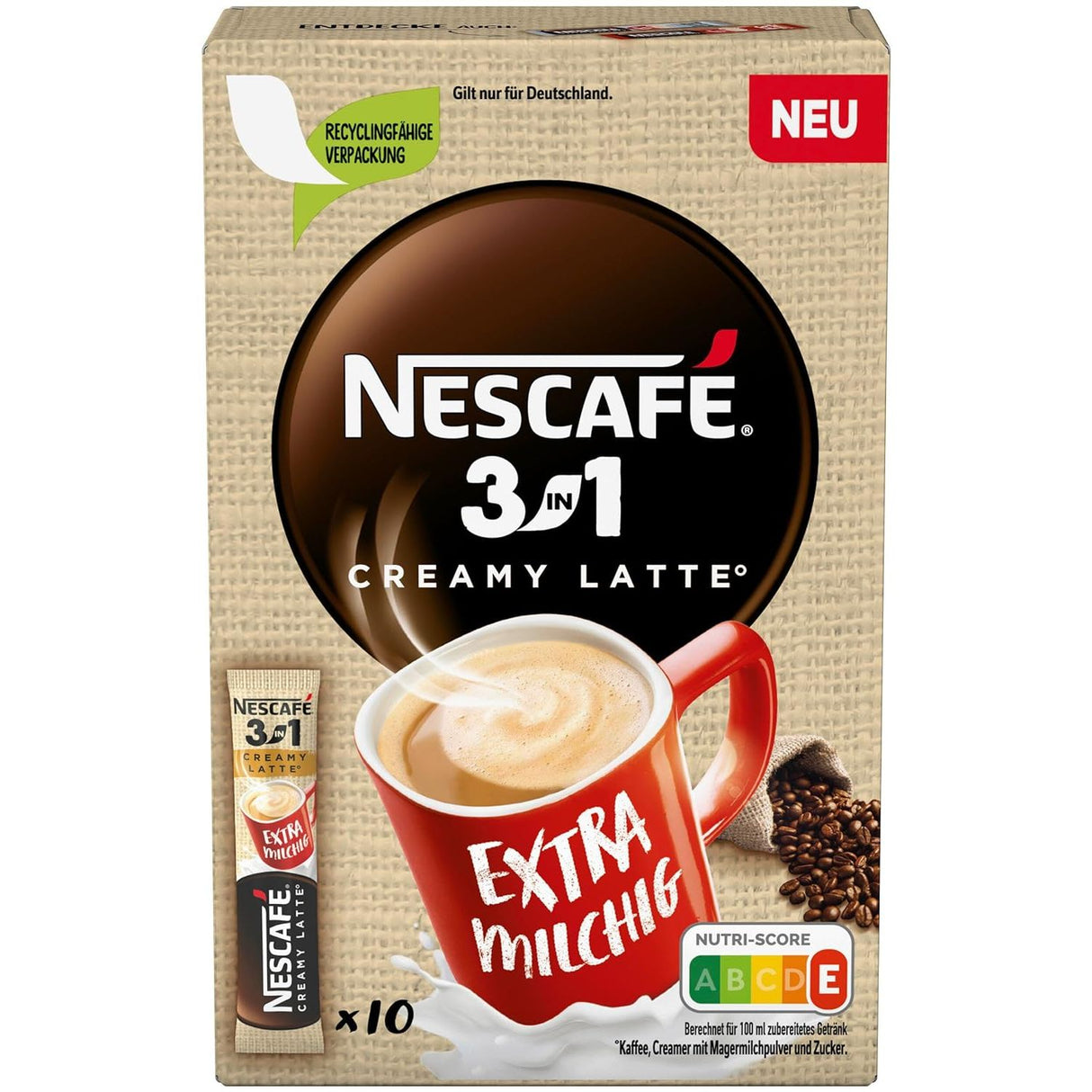 NESCAFÉ 3in1 Creamy Latte Getränkepulver-Sticks, löslicher Bohnenkaffee