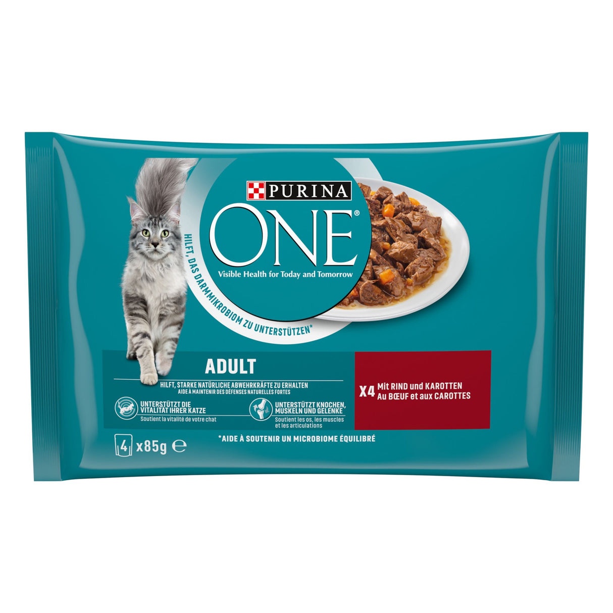 PURINA ONE Adult Katzenfutter nass, zarte Stückchen in Sauce mit Rind, 4erPack à 85g