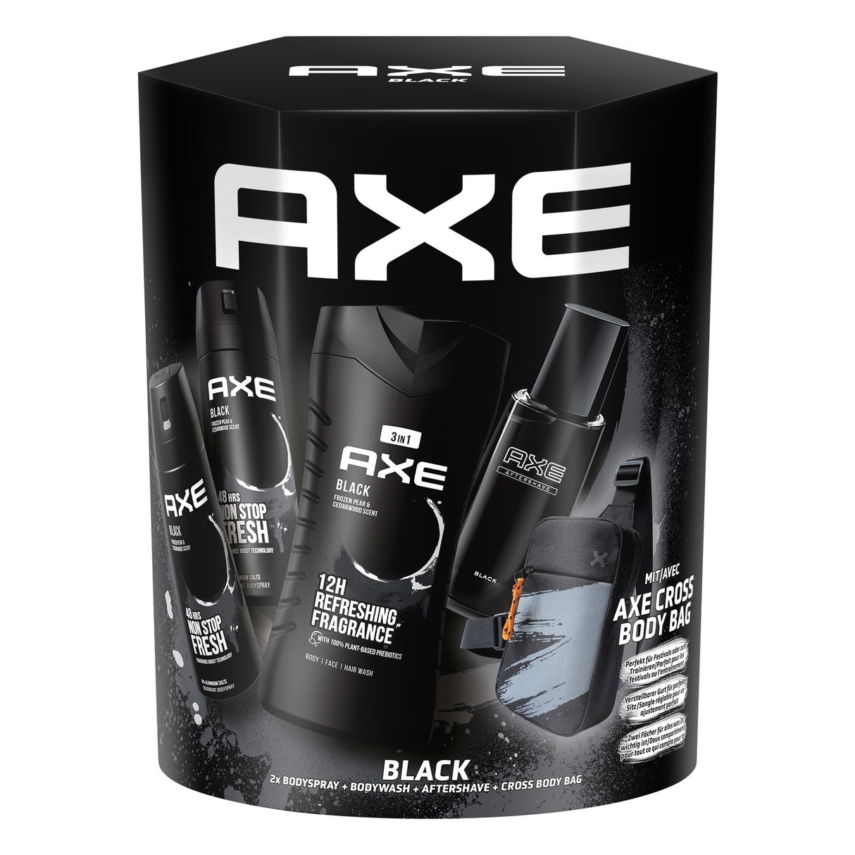 Coffret cadeau AXE Black pour hommes avec sac à dos Cross Bag, 2 sprays pour le corps, gel douche et après-rasage