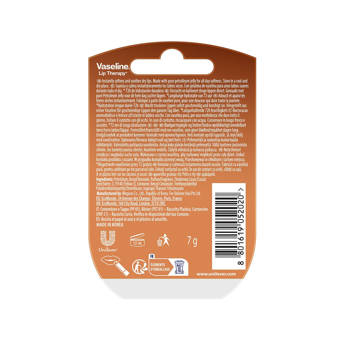 Vaseline Lip Therapy 7G Cocoa Butter, Pflegender Lippenbalsam für optimale Feuchtigkeit,