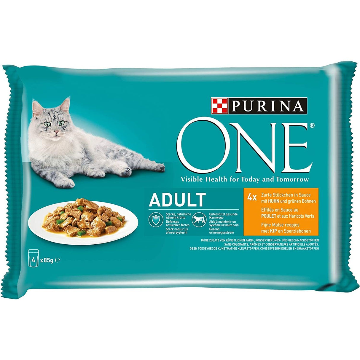 PURINA ONE Adult nourriture pour chats humide morceaux tendres en sauce au poulet et haricots verts