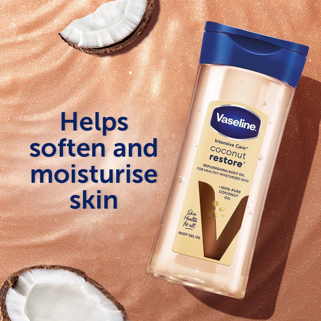 Huile corporelle Vaseline Intensive Care Coconut Restore pour une peau saine et hydratée. Gel-huile corporel régénérant à base d'huile de noix de coco 100 % pure,