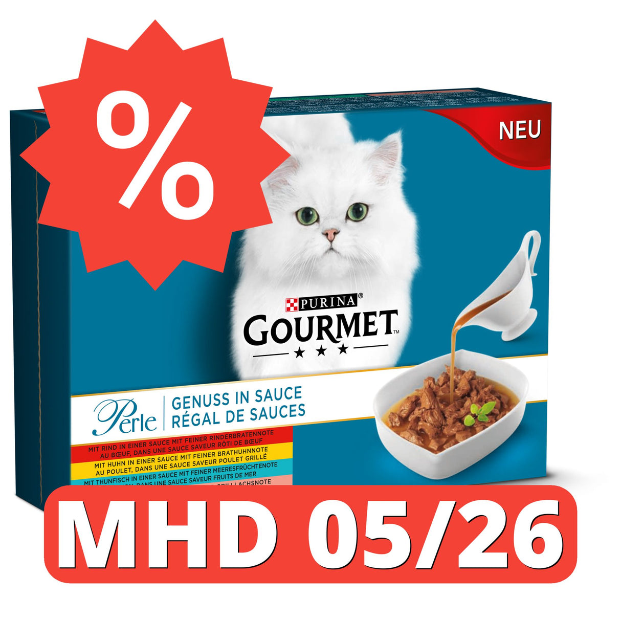 GOURMET Perle Genuss in Sauce Katzenfutter nass, Sorten-Mix 1er Pack (8x85g) [MHD 05/26]