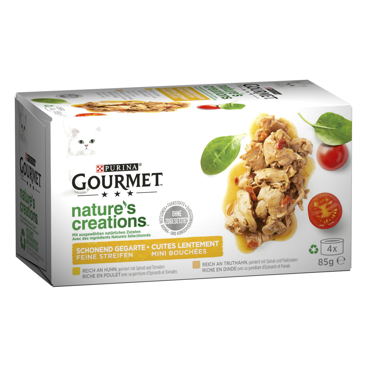 GOURMET Nature's Creation Naturbelassenes Katzennassfutter in Gelee, Huhn & Truthahn Mix, 4er Pack à 85g Dose [MHD 04/26]