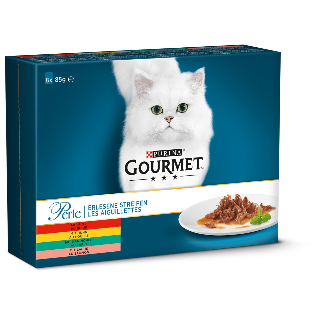 GOURMET Perle Erlesene Streifen Katzenfutter nass, Sorten-Mix, 8er Pack à 85g Dose