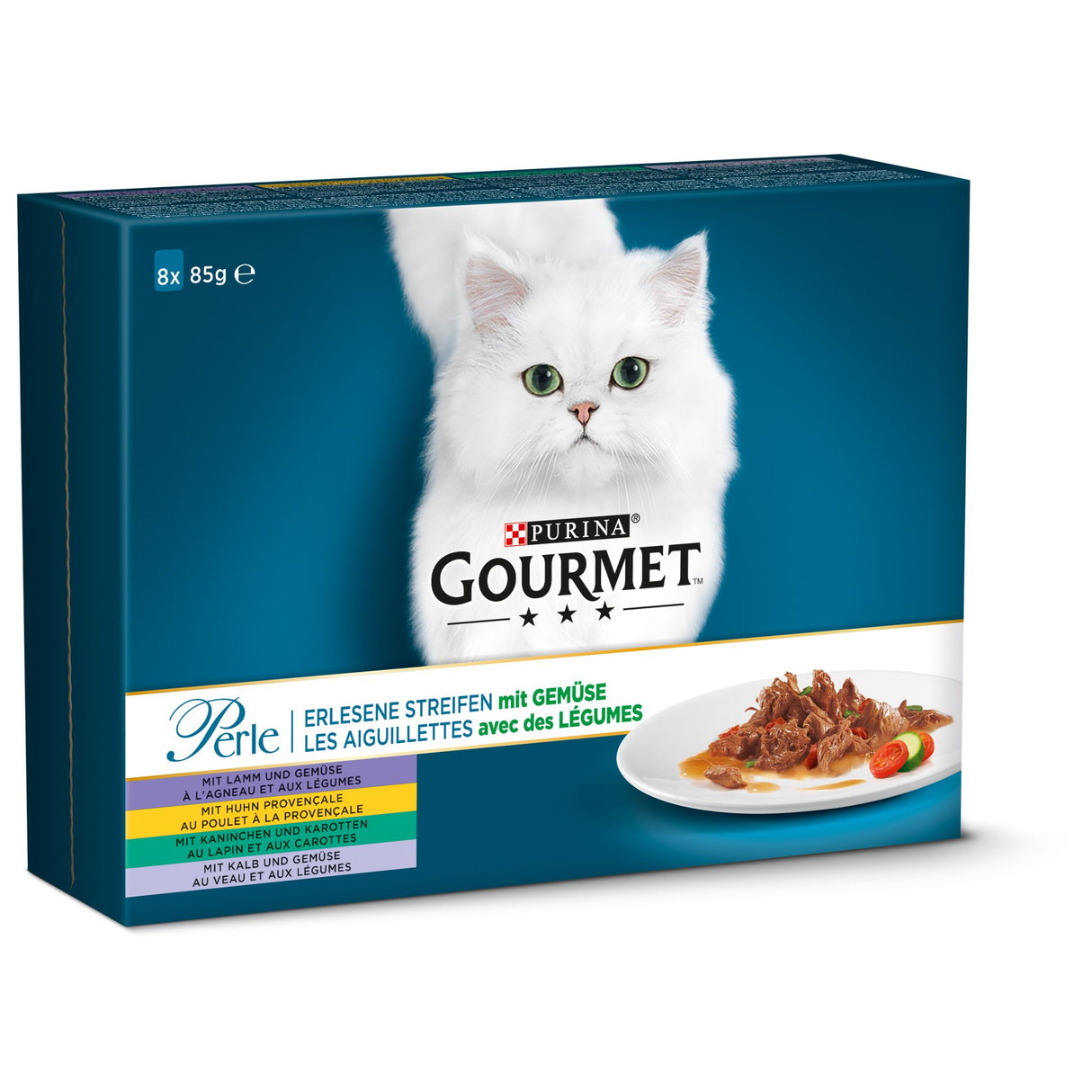 GOURMET Perle Erlesene Streifen mit Gemüse - Exotics Katzenfutter nass, 8er Pack à 85g Dose