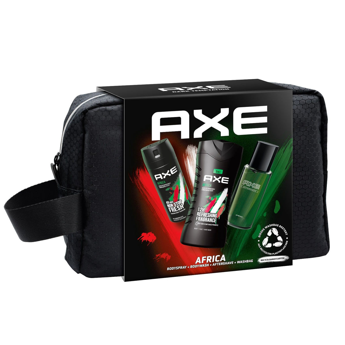 AXE Africa Set cadeau avec trousse de toilette pour hommes, avec spray pour le corps 150ml, gel douche 250ml et après-rasage