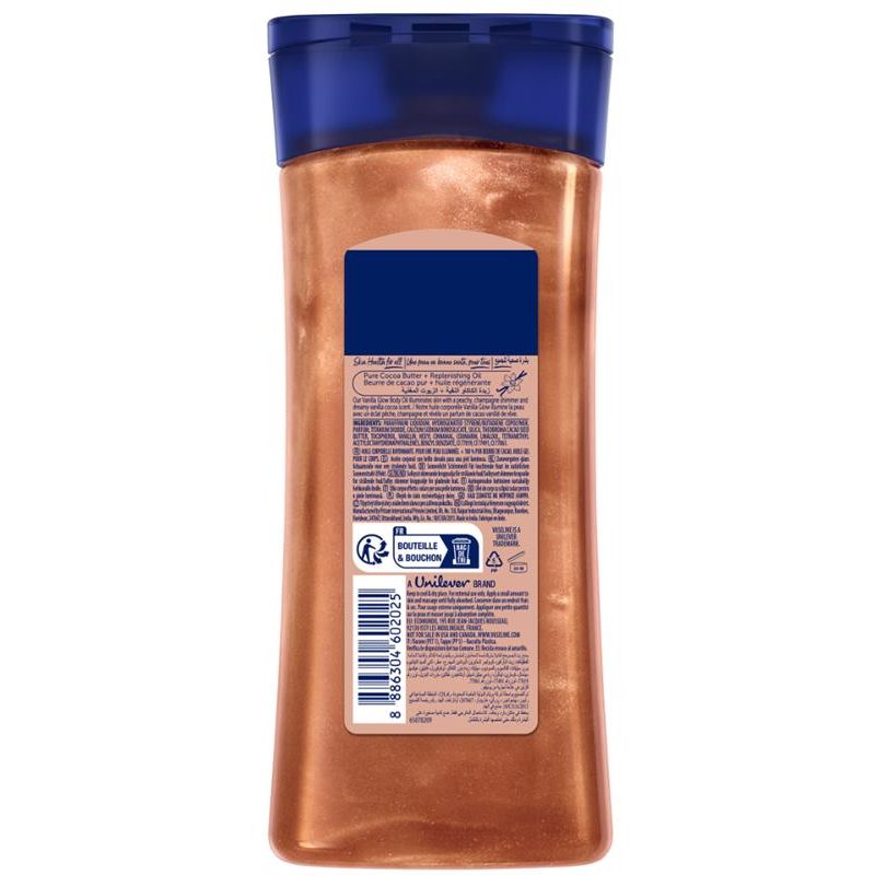 Vaseline Intensive Care Vanilla Glow Sunlit Shimmer, huile corporelle relaxante à base de beurre de cacao pur, de vanille et de paillettes,