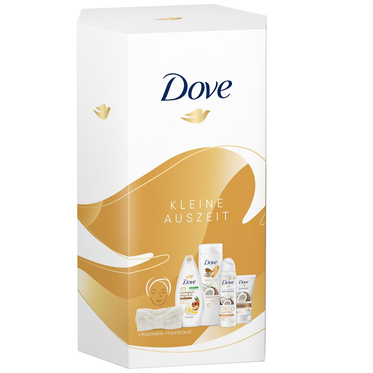 DOVE „Kokos Love“ Kleine Auszeit Kokos und Mandel, Geschenkset für Frauen mit Feuchtigkeitspflegeöl, Handcreme, Bodylotion, Deodorant und Haarband