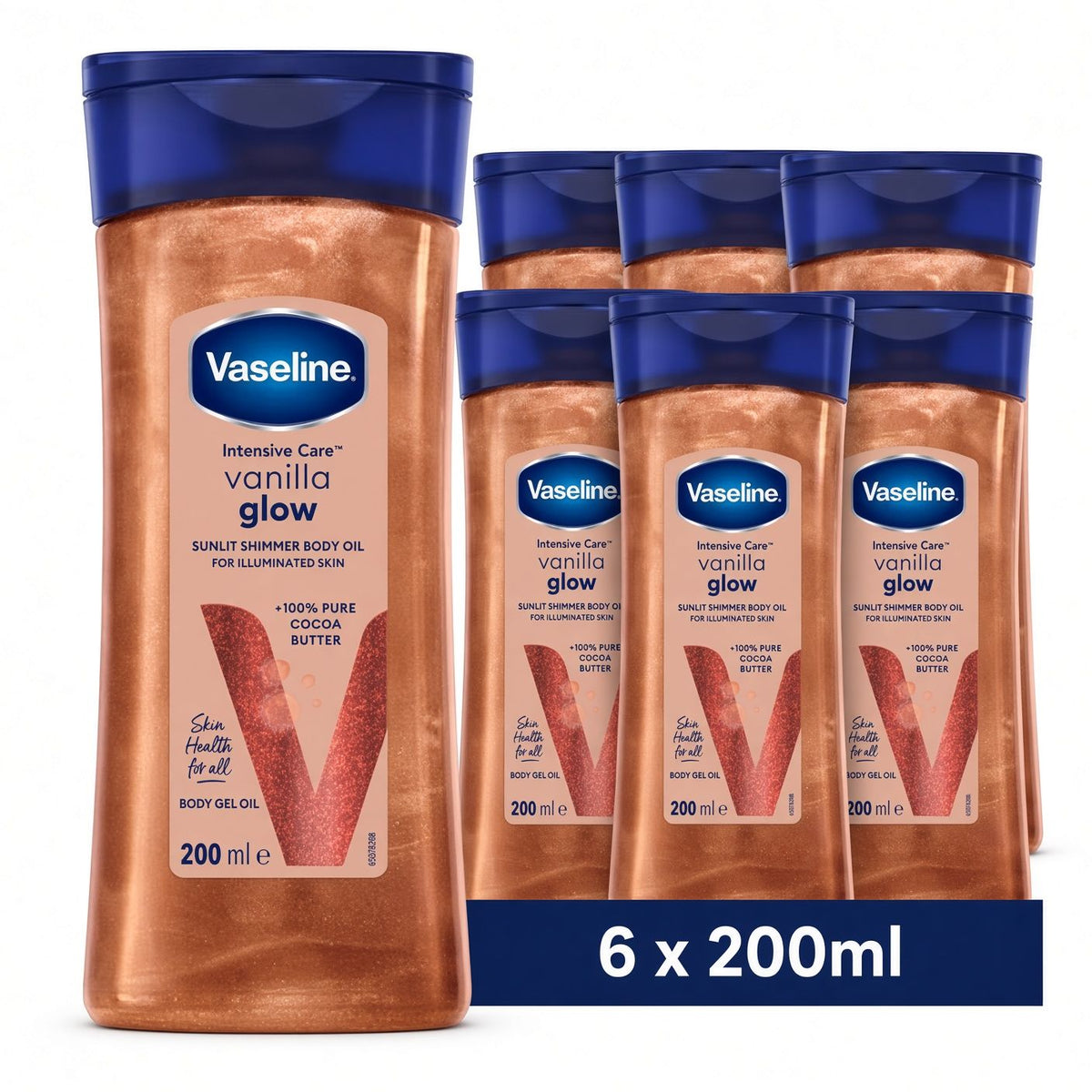 Vaseline Intensive Care Vanilla Glow Sunlit Shimmer, huile corporelle relaxante à base de beurre de cacao pur, de vanille et de paillettes,