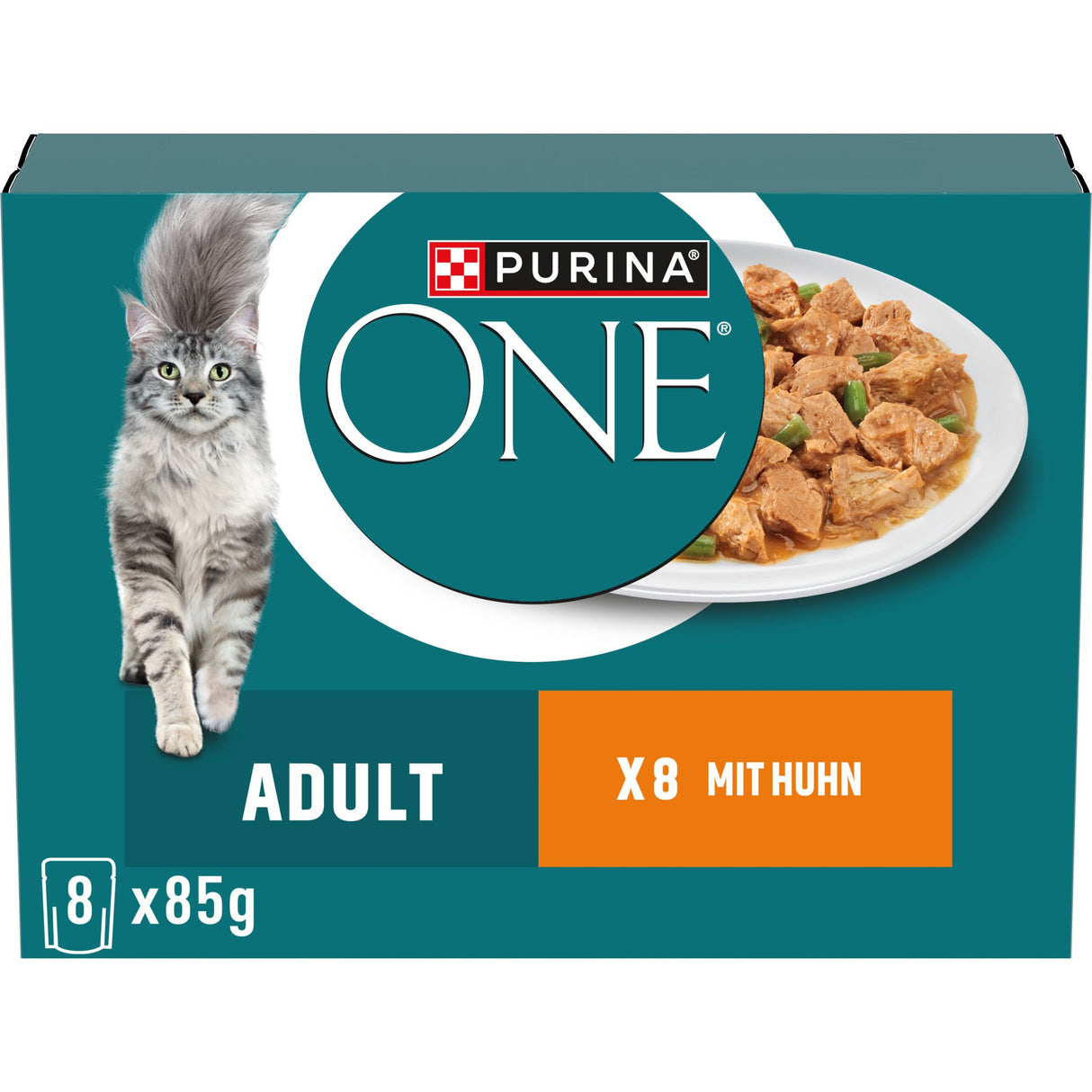 PURINA ONE Adult 8er-Pack Katzenfutter nass zarte Stückchen in Sauce mit Huhn und grünen Bohnen
