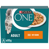 PURINA ONE Adult 8er-Pack Katzenfutter nass zarte Stückchen in Sauce mit Huhn und grünen Bohnen
