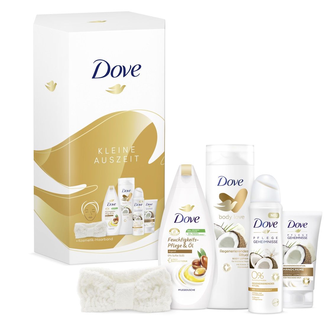 DOVE Petite Pause, Coco et Amande, Set Cadeau avec Crème de douche, Crème pour les mains, Lotion pour le corps, Déodorant et Bandeau consmétique