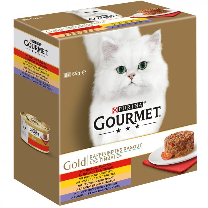 GOURMET Gold Raffiniertes Ragout Katzenfutter nass, Sorten-Mix, 8er Pack à 85g Dose (1er Pack (8 x 85g))